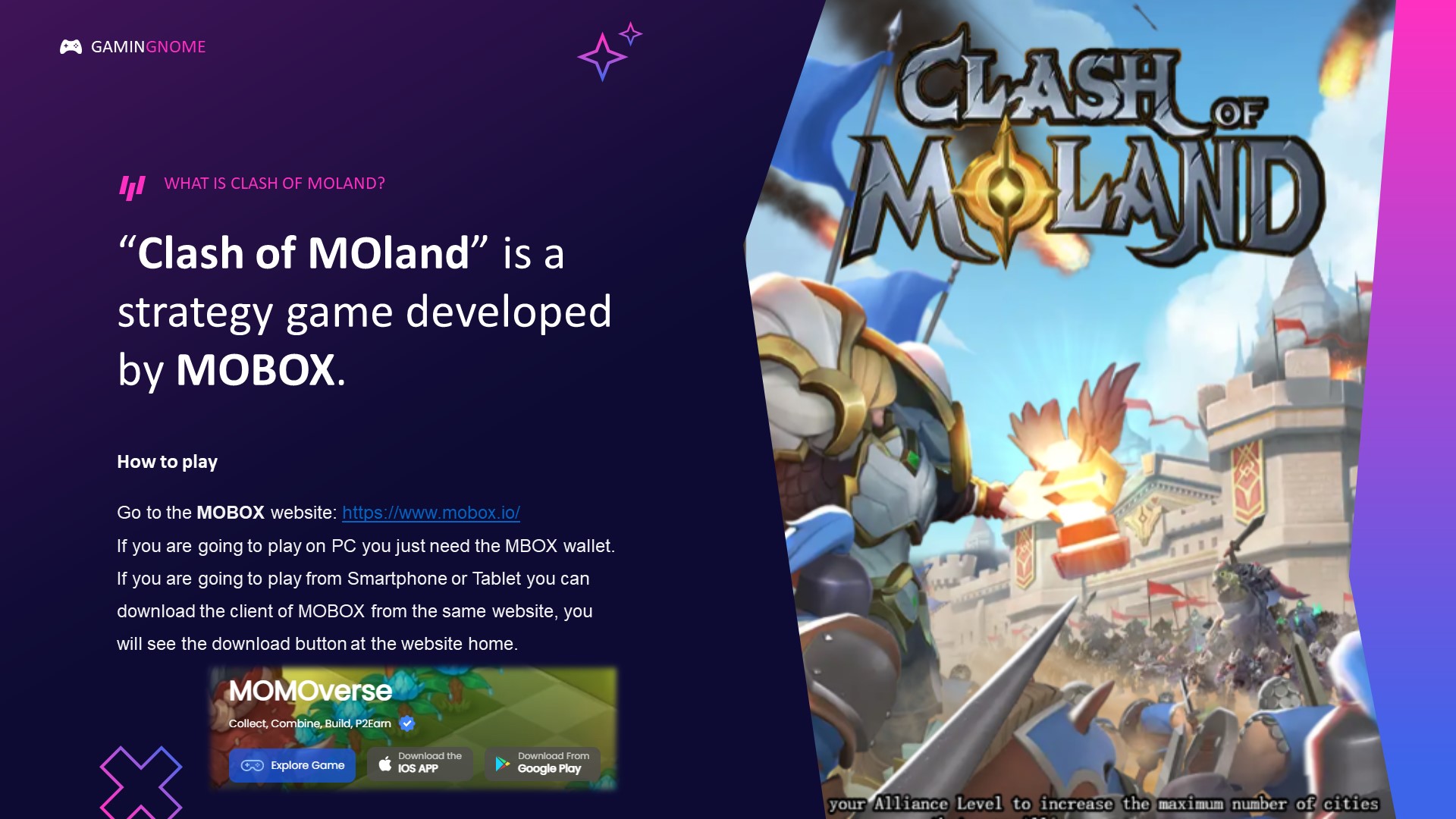 MOBOX on X: 👋Hey Hey MOBOXers To have an even better experience Playing  🏰Clash of MOLand⚔️ Download the #ClashOfMoland APP !🥳 🤖Android Only !⤵️   🍏iOS coming SOON! #Metaverse #MetaverseNFT  #gamingNFTs #NFTProject #